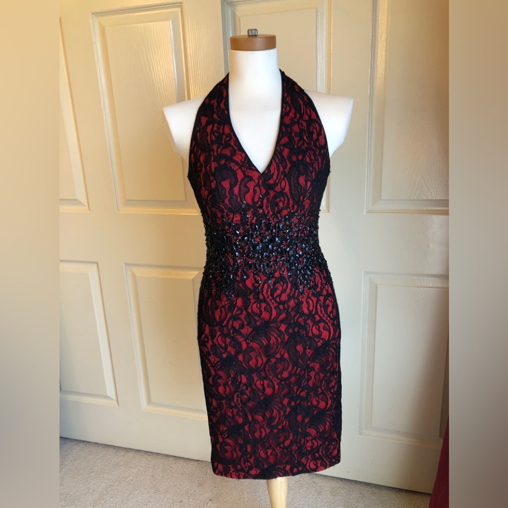 Cache Black and Red Backless Lace Dress